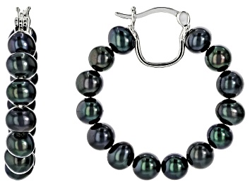 Picture of Black Cultured Freshwater Pearl Rhodium Over Sterling Silver Hoop Earrings