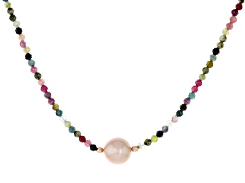 White Cultured Freshwater Pearl with Pink Tourmaline Rhodium Over