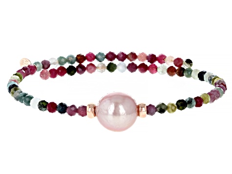 Genusis™ Cultured Freshwater Pearl & Multicolor Tourmaline 18k Rose Over Sterling Silver Bracelet