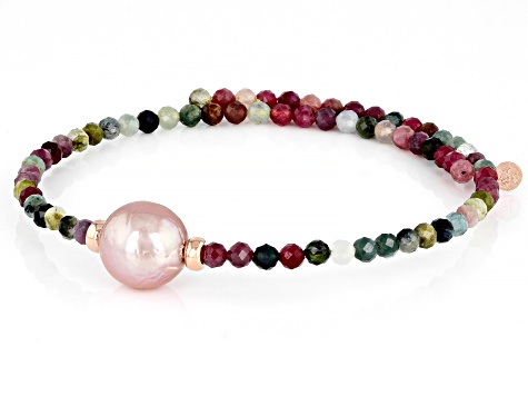 Genusis™ Cultured Freshwater Pearl & Multicolor Tourmaline 18k Rose Over Sterling Silver Bracelet