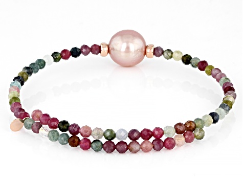 Genusis™ Cultured Freshwater Pearl & Multicolor Tourmaline 18k Rose Over Sterling Silver Bracelet