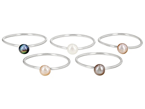 Multi-Color Cultured Freshwater Pearl Rhodium Over Sterling Silver Stackable Ring Set Of 5