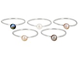 Multi-Color Cultured Freshwater Pearl Rhodium Over Sterling Silver Stackable Ring Set Of 5