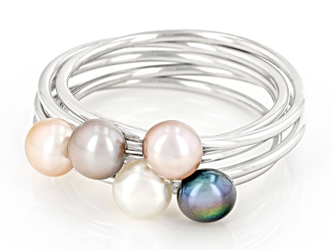Multi-Color Cultured Freshwater Pearl Rhodium Over Sterling Silver Stackable Ring Set Of 5