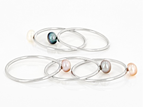 Multi-Color Cultured Freshwater Pearl Rhodium Over Sterling Silver Stackable Ring Set Of 5