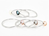 Multi-Color Cultured Freshwater Pearl Rhodium Over Sterling Silver Stackable Ring Set Of 5