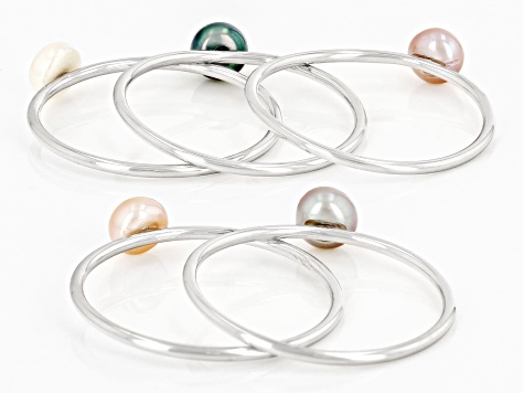 Multi-Color Cultured Freshwater Pearl Rhodium Over Sterling Silver Stackable Ring Set Of 5
