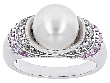 Picture of White Cultured Freshwater Pearl with Pink Sapphire & White Zircon Rhodium Over Silver Ring