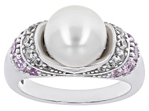 White Cultured Freshwater Pearl with Pink Sapphire & White Zircon Rhodium Over Silver Ring