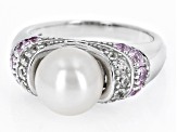 White Cultured Freshwater Pearl with Pink Sapphire & White Zircon Rhodium Over Silver Ring