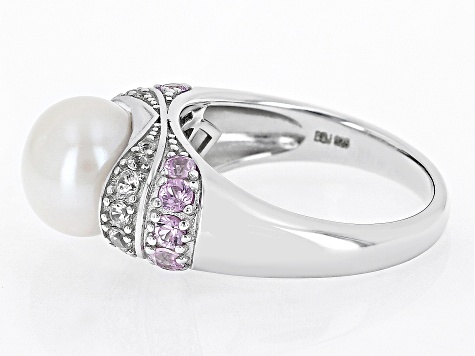 White Cultured Freshwater Pearl with Pink Sapphire & White Zircon Rhodium Over Silver Ring