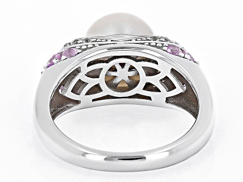 White Cultured Freshwater Pearl with Pink Sapphire & White Zircon Rhodium Over Silver Ring