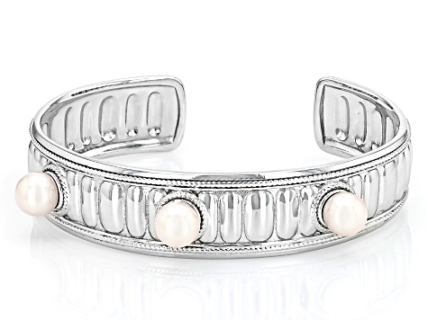 White Cultured Freshwater Pearl Rhodium Over Sterling Silver Cuff Bracelet