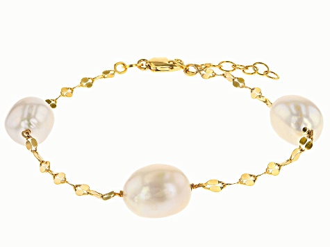 White Cultured Freshwater Pearl 18k Yellow Gold Over Sterling Silver Bracelet