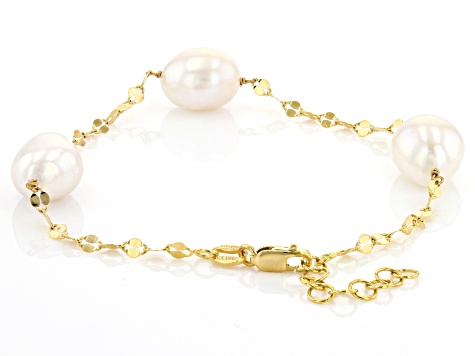 White Cultured Freshwater Pearl 18k Yellow Gold Over Sterling Silver Bracelet