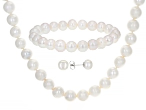 White Cultured Freshwater Pearl Rhodium Over Silver Necklace, Bracelet, and Earring Set
