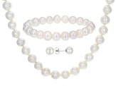White Cultured Freshwater Pearl Rhodium Over Silver Necklace, Bracelet, and Earring Set
