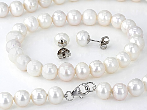 White Cultured Freshwater Pearl Rhodium Over Silver Necklace, Bracelet, and Earring Set