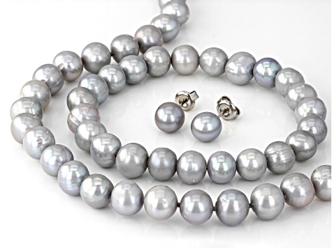 Platinum Cultured Freshwater Pearl Rhodium Over Silver Necklace, Bracelet, and Earring Set