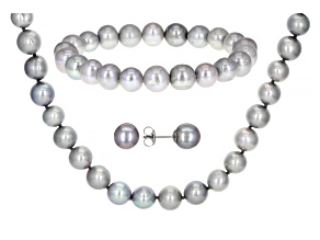 Platinum Cultured Freshwater Pearl Rhodium Over Sterling Silver Necklace, Bracelet, & Earring Set