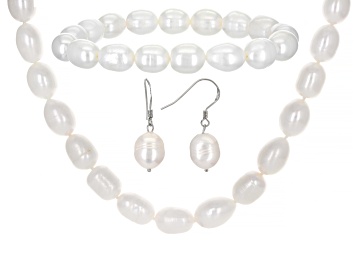 Picture of White Cultured Freshwater Pearl Rhodium Over Sterling Silver Strand Necklace Bracelet Earring Set
