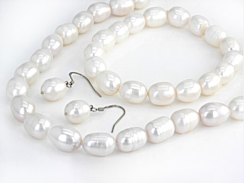 White Cultured Freshwater Pearl Rhodium Over Sterling Silver Strand Necklace Bracelet Earring Set