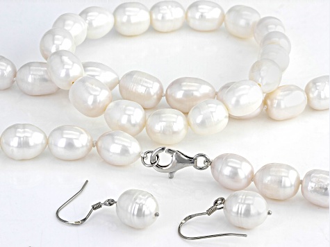 White Cultured Freshwater Pearl Rhodium Over Sterling Silver Strand Necklace Bracelet Earring Set