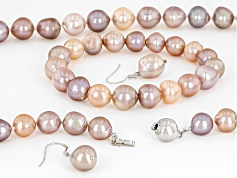 Genusis™ Cultured Freshwater Pearl Rhodium Over Silver Necklace, Bracelet, & Earring Boxed Set