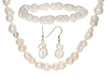 Picture of Cultured Freshwater Pearl Rhodium Over Sterling Silver 20 Inch Necklace Bracelet Earring Set