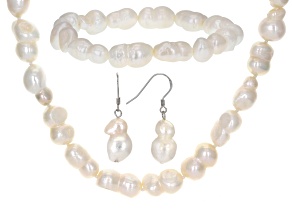 Cultured Freshwater Pearl Rhodium Over Sterling Silver 20 Inch Necklace Bracelet Earring Set