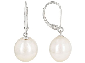 White Cultured Freshwater Pearl Rhodium Over Sterling Silver Earrings