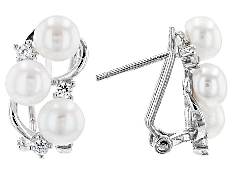 White Cultured Freshwater Pearl and White Cubic Zirconia Rhodium Over Sterling Silver Earrings