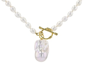 15mm and 5mm White Cultured Freshwater Pearl 18k Yellow Gold Over Silver 20 Inch Necklace
