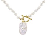 15mm and 5mm White Cultured Freshwater Pearl 18k Yellow Gold Over Silver 20 Inch Necklace