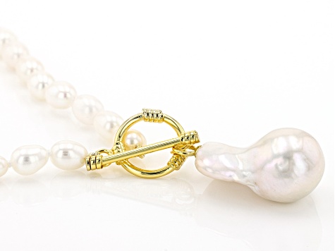 15mm and 5mm White Cultured Freshwater Pearl 18k Yellow Gold Over Silver 20 Inch Necklace