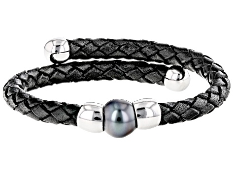 Cultured Tahitian Pearl Rhodium Over Sterling Silver & Black Leather Bypass Bracelet