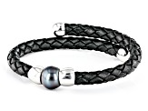 Cultured Tahitian Pearl Rhodium Over Sterling Silver & Black Leather Bypass Bracelet