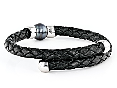 Cultured Tahitian Pearl Rhodium Over Sterling Silver & Black Leather Bypass Bracelet