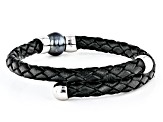 Cultured Tahitian Pearl Rhodium Over Sterling Silver & Black Leather Bypass Bracelet