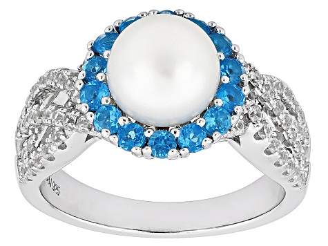 White Cultured Freshwater Pearl with Neon Apatite and White Zircon Rhodium Over Sterling Silver Ring