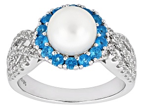 White Cultured Freshwater Pearl with Neon Apatite and White Zircon Rhodium Over Sterling Silver Ring