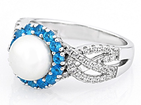 White Cultured Freshwater Pearl with Neon Apatite and White Zircon Rhodium Over Sterling Silver Ring