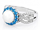 White Cultured Freshwater Pearl with Neon Apatite and White Zircon Rhodium Over Sterling Silver Ring