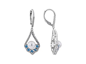 White Cultured Freshwater Pearl, Neon Apatite and White Zircon Rhodium Over Sterling Silver Earrings