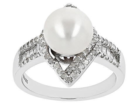 White Cultured Freshwater Pearl With .50ctw Diamond Rhodium Over Sterling Silver Ring