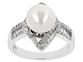 White Cultured Freshwater Pearl With .50ctw Diamond Rhodium Over Sterling Silver Ring