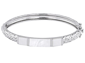 White Mother-of-Pearl Rhodium Over Sterling Silver Bangle Bracelet