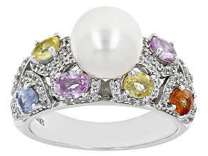 White Cultured Freshwater Pearl, Multi-Color Sapphire & White Zircon Rhodium Over Silver Ring