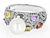 White Cultured Freshwater Pearl, Multi-Color Sapphire & White Zircon Rhodium Over Silver Ring