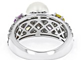 White Cultured Freshwater Pearl, Multi-Color Sapphire & White Zircon Rhodium Over Silver Ring